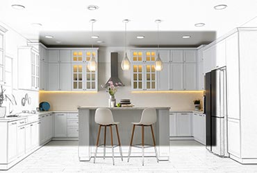 Black and white kitchen remodel sketch with the center fully rendered and realized